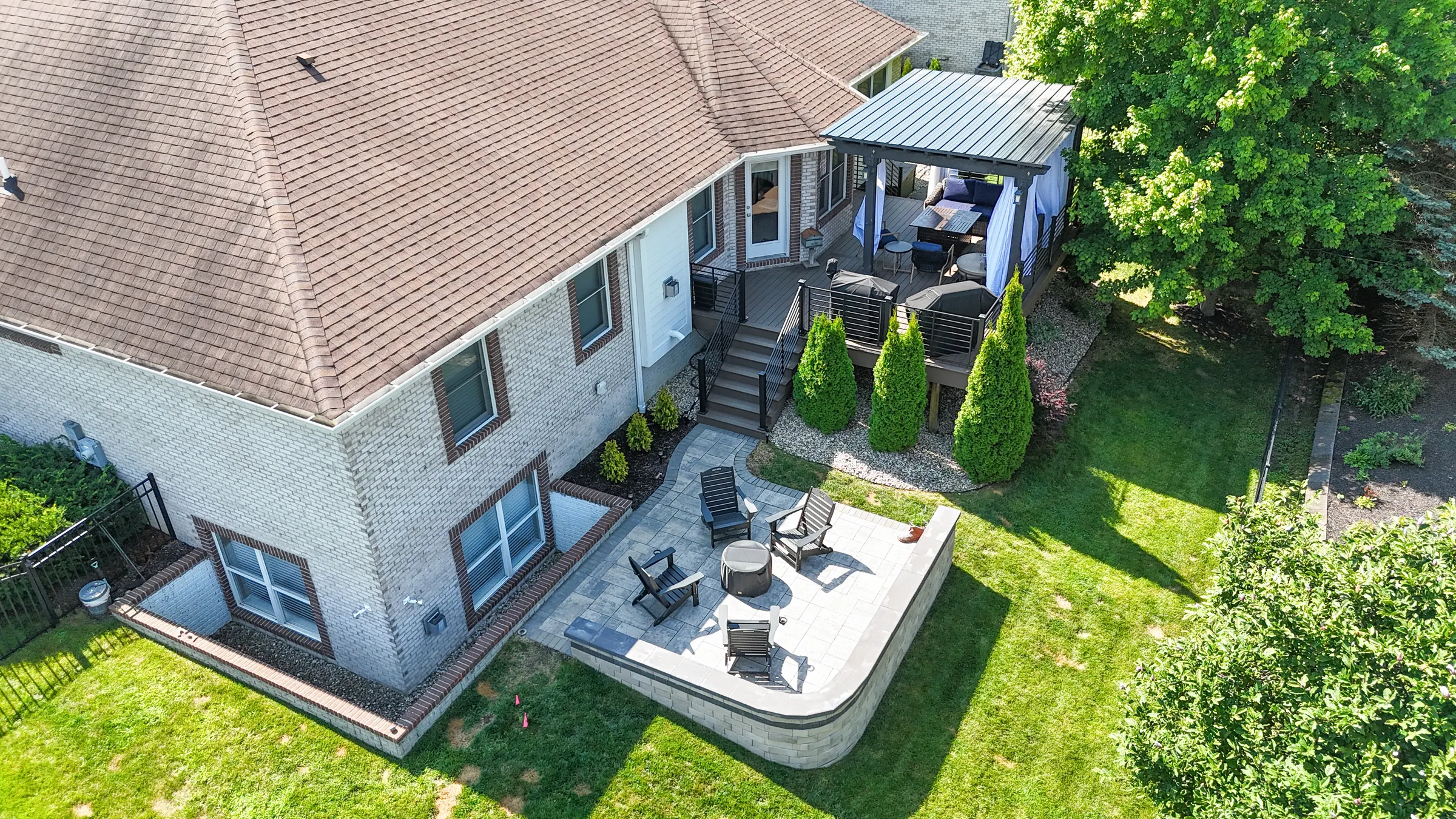 Aerial view paver patio fire pit deck in Carmel.